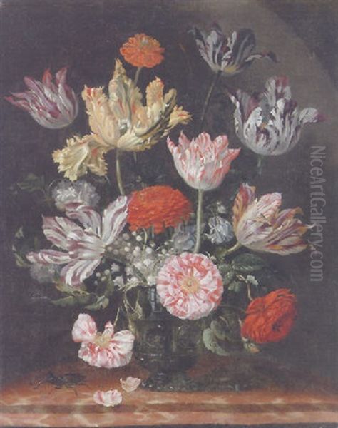 Parrot Tulips, Carnations, Roses, Columbines, Lily Of The Valley, Other Flowers In Glass Vase With Stag Beetle On Marble Ledge - view 1