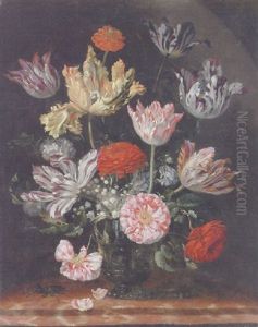 Parrot Tulips, Carnations, Roses, Columbines, Lily Of The Valley, Other Flowers In Glass Vase With Stag Beetle On Marble Ledge by Jacob Marrel