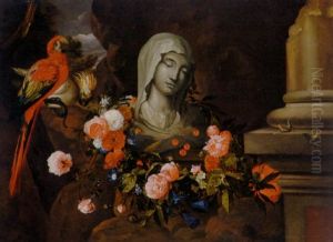 A Marble Bust Of The Virgin Adorned By A Garland Of Flowers, With Parrots And A Lizard In A Cave
