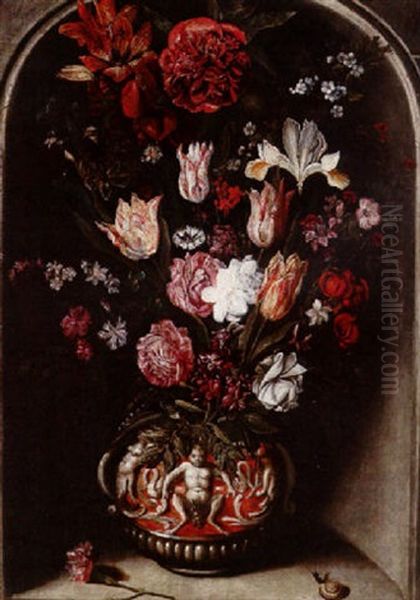 Still Life Of Tulips, Roses, Lilies, Carnations And Other Flowers In An Elaborate Vase, Together With A Snail, In A Stone Niche - view 1