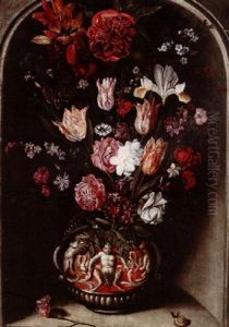 Still Life Of Tulips, Roses, Lilies, Carnations And Other Flowers In An Elaborate Vase, Together With A Snail, In A Stone Niche
