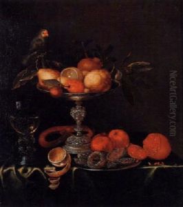 Stilleben Mit Silbertazza, Zitrusfruchten Und Sittich