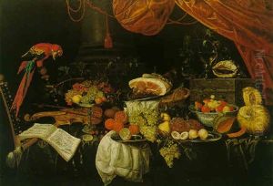A Still Life Of A Musical Score, A Violin And Recorder, Fruit On A Silver Tazza, An Other Objects, All On A Table Draped With A Green And White Cloth, A Red Curtain Above And A Macaw Perched Upon A Ch by Jacob Marrel