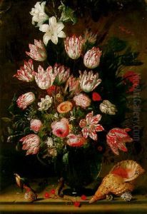 Parrot Tulips And Other Flowers In A Niche On A Stone Shelf With Shells, Cherries, A Lizard, A Beetle And Other Insects In A Recess by Jacob Marrel