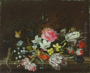 Parrot Tulips, Narcissi, Morning Glory And Other Flowers Spilling Out Of An Upturned Vase, With A Butterfly And A Lizard Parrot Tulips, Narcissi, Morning Glory And Other Flowers Spilling Out Of An Upturned Vase, With A Butterfly And A Lizard