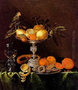Stilleben Mit Romer, Silberner Tazza, Fruchten, Geback Und Vogel