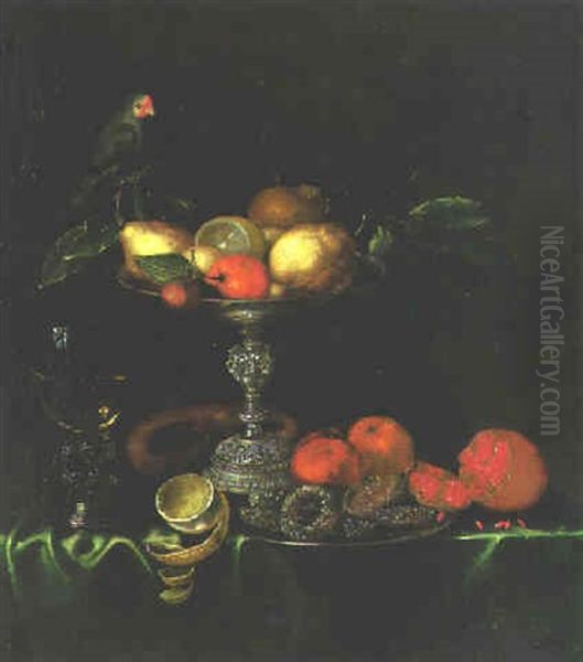 Different Fruit On A Plate, A Parrot And A Pretzel On A Table - view 1