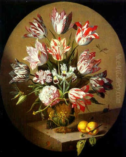 Still Life Of Tulips, Roses And Others Flowers And An Iris In An Elaborate Vase With Peaches, Dragonflies, A Mouse And A Snail - view 1