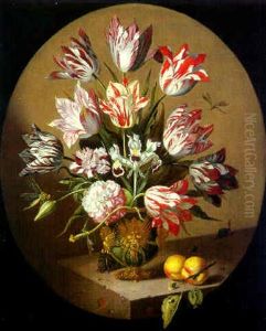 Still Life Of Tulips, Roses And Others Flowers And An Iris In An Elaborate Vase With Peaches, Dragonflies, A Mouse And A Snail