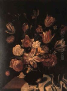 Mixed Flowers In Glass Vase On Draped Table by Jacob Marrel