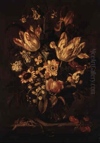Still Life Of Tulips And Other Flowers In A Vase On A Ledge With Insects - view 1