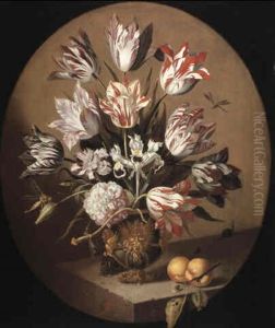 Tulips And Other Flowers In A Vase On A Ledge With A Snail And Mouse