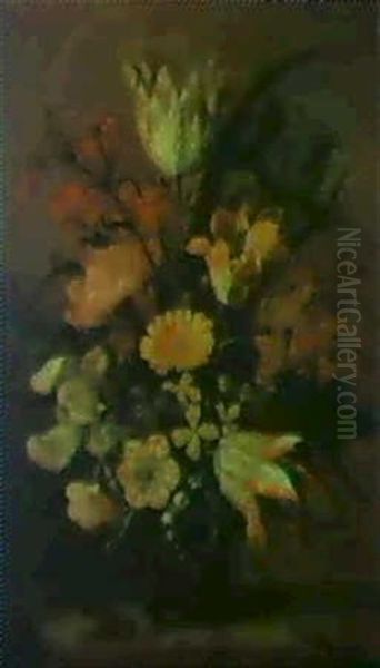 A Still Life Of Roses, Irises, A Turk's Cap Lily, A Marigoldand Other Flowers In A Rhenish Beaker With A Grasshopper... - view 1