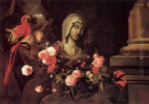 A Still Life Of Garland Of Flowers Encircling A Marble Bust, With A Scarlet Macaw...