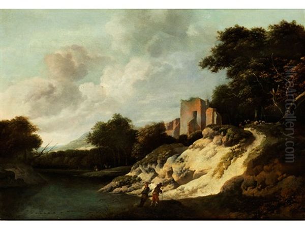 Fischer In Einer Flusslandschaft Mit Ruine - view 1