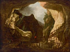 Blick In Eine Gebirgslandschaft Mit Einem Holzernen Steg Uber Einem Sturzbach Mit Reisenden by Evert Marseus Van Schrieck