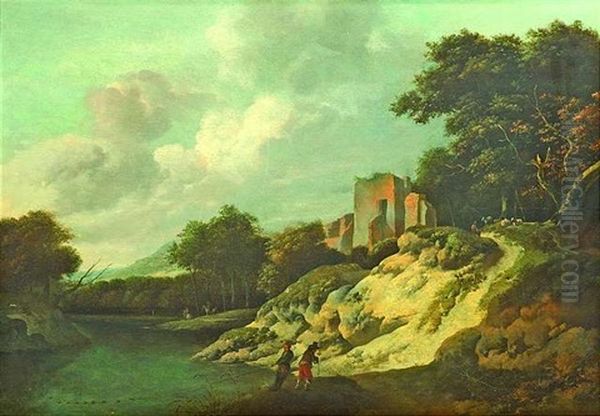 Flusslandschaft Mit Fischern, Die An Einem Bewaldeten Ufer Ihre Netze Einziehen. Rechts Fuhrt Ein Sonnenbeschienener Weg Auf Eine Dune Zu Einer Ruine - view 1