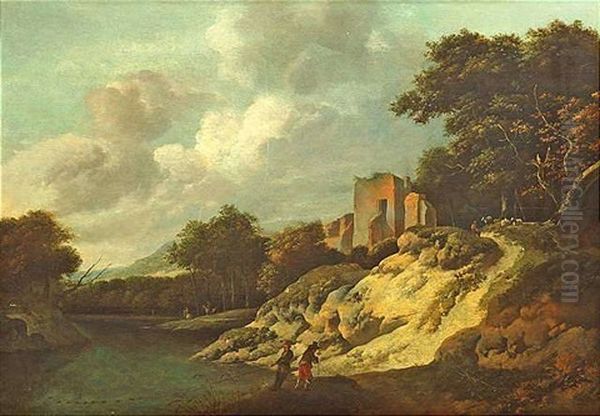 Flusslandschaft Mit Fischern, Die An Einem Bewaldeten Ufer Ihre Netze Einziehen. Rechts Fuhrt Ein Sonnenbeschienener Weg Zu Einer Ruine - view 1
