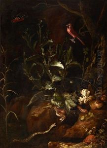Grosses Stillleben Mit Zwei Schlangen, Krote, Spinne Und Anderen Kleintieren by Otto Marseus van Schrieck