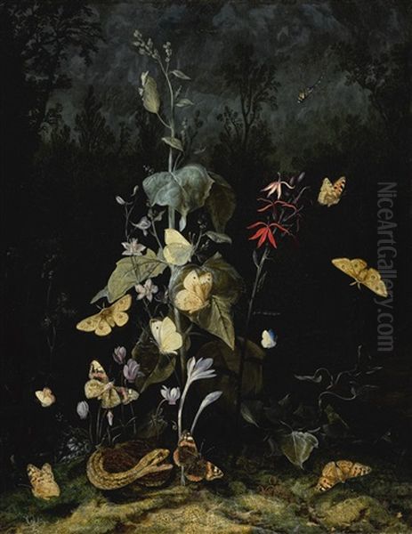 Still Life Of Wild Flowers, Including Cyclamen, Crocus, Delphinium, With A Snake And Butterflies - view 1