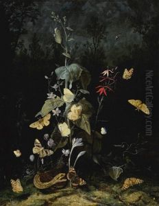 Still Life Of Wild Flowers, Including Cyclamen, Crocus, Delphinium, With A Snake And Butterflies by Otto Marseus van Schrieck