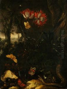 Waldstillleben Mit Blumen, Schmetterlingen Und Schlange