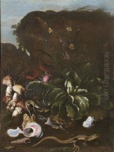 Sous-bois-stillleben Mit Einer Distel Und Weiteren Blumen, Pilzen, Reptilien, Schmetterlingen Und Muscheln