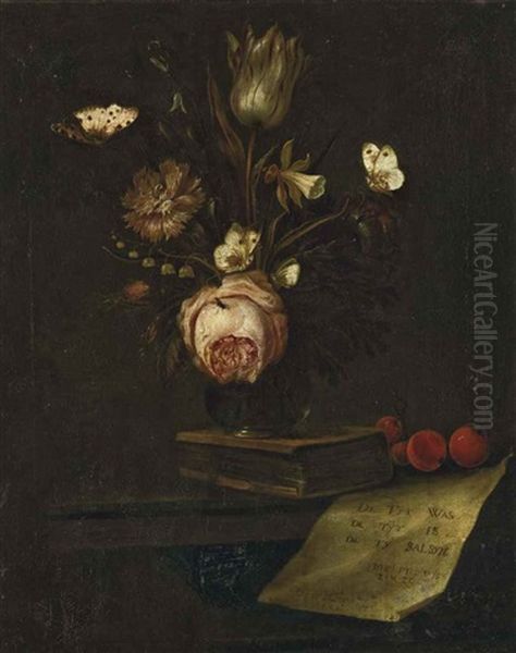 Tulipe, Oeillet, Jonquille Et Anemone Dans Un Vase Pose Sur Un Livre Sur Une Table Entoure De Papillons - view 1