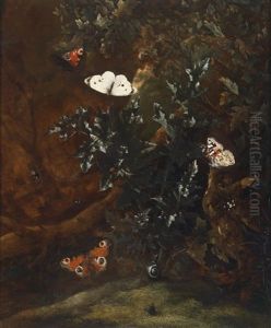 Sous-bois-stillleben Mit Schmetterlingen, Einer Schnecke Und Einer Fliege An Einer Distel by Otto Marseus van Schrieck