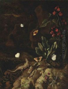A Forest Floor With A Snake, A Lizard, Butterflies, A Bleeding Heart And Tagetes by Otto Marseus van Schrieck