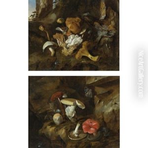 Forest Floor Still Lifes With Mushrooms, Butterflies And A Snake (pair)