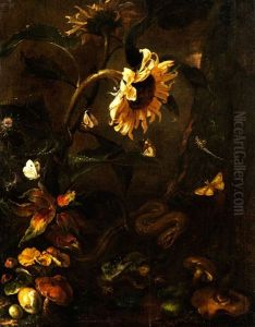 Stilleben Mit Sonnenblume, Schlange, Krote, Insekten Und Pilzen