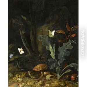 Nocturnal Forest Landscape With A Thistle, Chestnuts And Mushrooms, A Viper, Three Moths And A Dragon-fly