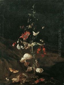 Sous-bois-stilleben Mit Reptilien Und Insekten Unter Einer Distel by Otto Marseus van Schrieck