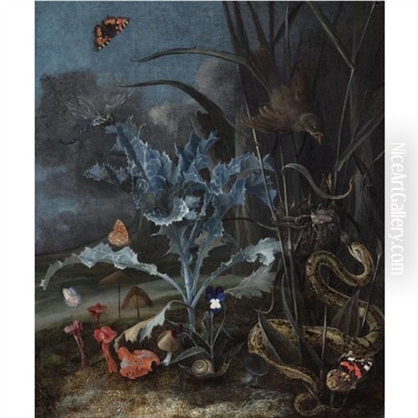 A Forest Floor, With A Milk Thistle, Fungi, A Wood Snail, A Queen Of Spain Fritillary, An Emperor Moth And An Aspis Adder Attacking A Fledgling - view 1