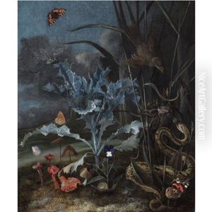A Forest Floor, With A Milk Thistle, Fungi, A Wood Snail, A Queen Of Spain Fritillary, An Emperor Moth And An Aspis Adder Attacking A Fledgling