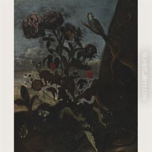 A Forest Floor With Snakes, Snails, Butterflies And A Bird Among Roses And Other Flowers With Distant Landscape Beyond by Otto Marseus van Schrieck