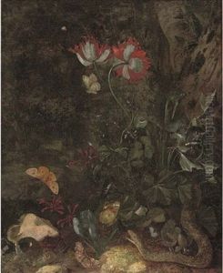 A Forest Floor Still Life With A Snake, A Snail, Butterflies, Poppies And Other Flowers by Otto Marseus van Schrieck