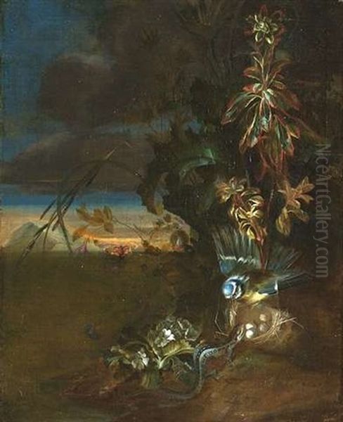 Waldboden-stilleben Mit Einer Blaumeise, Die Ihr Nest Vor Einer Eidechse Verteidigt - view 1