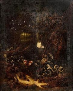 A Forest Floor Still Life With A Snake, Two Butterflies And A Lizard by Otto Marseus van Schrieck
