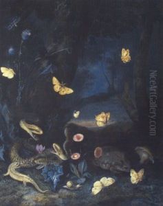 Waldboden-stilleben Mit Drei Schlangen, Erdbeeren, Frosch Und Faltern