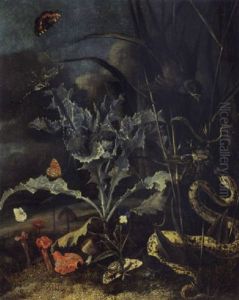 A Forest Floor Still Life With A Milk Thistle, Mushrooms, A Wood Snail, A Blue, A Queen Of Spain Fritillary, An Emperor Moth......... by Otto Marseus van Schrieck