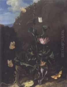 Stilleben Mit Grosser Distel, Echse, Schlange Schmetterlingen Und Libelle