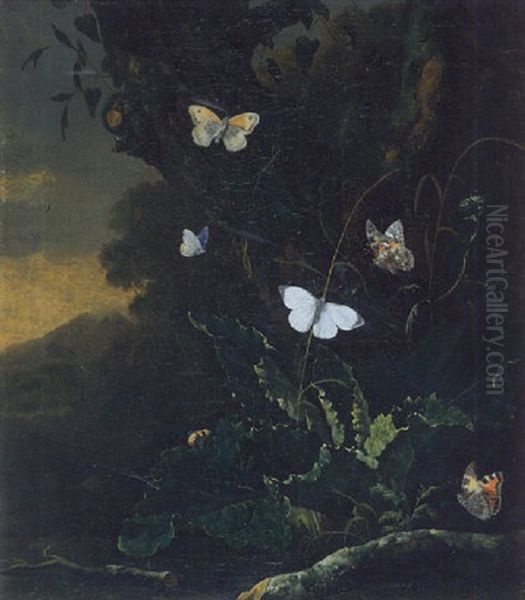 A Forest Floor Still Life With A Small Tortoiseshell, A Male Large White, A Painted Lady, A Meadow Brown, And A Member Of The Blue Family - view 1