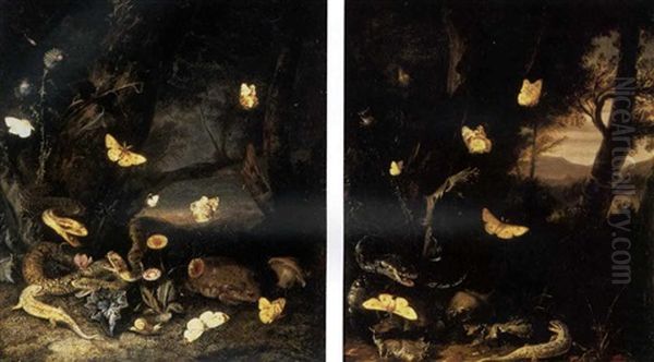 Nocturnal Undergrowth With Snakes, A Lizard, A Snail, A Toad And Butterflies - view 1