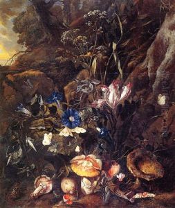 Forest Floor Still Life With Wild Flowers, Mushrooms, Butterflies, A Snake, A Frog, And A Dragonfly