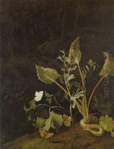 Grosblattrige Pflanze Mit Schmetterlingen Im Waldgrund by Otto Marseus van Schrieck