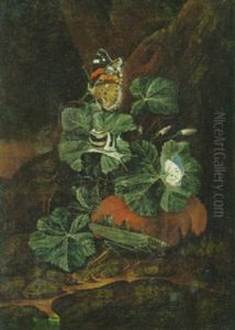Heuschrecke, Schnecke Und Schmetterlinge Auf Blattwerk Und Kurbisfrucht Am Waldboden by Otto Marseus van Schrieck