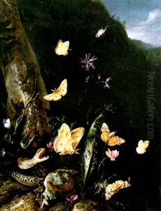 Nature Morte De Sous-bois Au Serpent Et Papillons