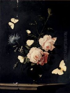 A Still Life Of Roses And Other Flowers In A Glass Vase On A Marble Ledge, Attended By Butterflies by Otto Marseus van Schrieck